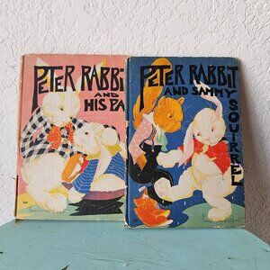 Peter Rabbit And His Pa Sammy Squirrel Antique Kids Book Pair Nursery Decor Cute